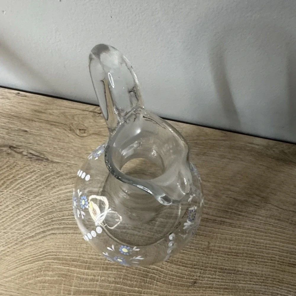 Vintage Clear Glass‎ Decanter Jug Ewer Hand Painted Floral Enamel Stopper MCM